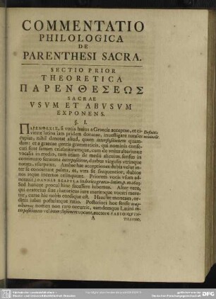 Sectio Prior Theoretica Parentheseōs Sacrae Usum Et Abusum Exponens