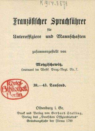 Französischer Sprachführer für Unteroffiziere und Mannschaften