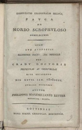 Dissertatio Inauguralis Medica Pauca De Morbo Scrophuloso Complectens