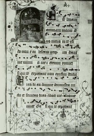 Notenmanuskript mit Initiale A : Offertorium, Psalm 24. Notenmanuskript, Seite mit Initiale A(d). Handschrift und Buchmalerei. Bautzen: Domschatzkammer St. Petri Ms. I, Lvc. 20