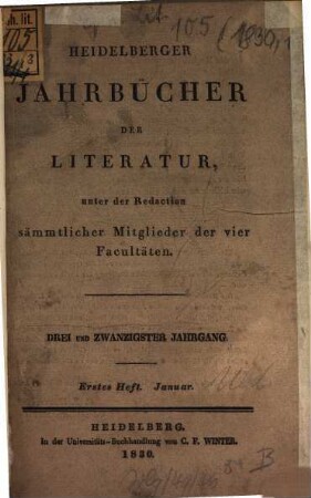 Heidelberger Jahrbücher der Literatur. 23,1, 23,1 = H. 1. 1830