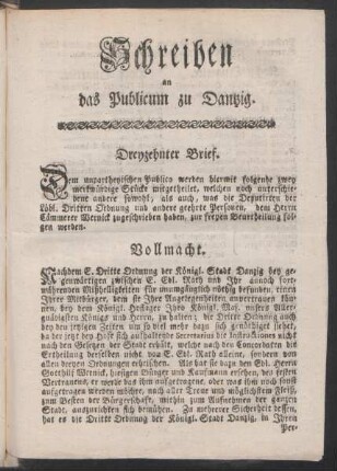 13: Schreiben an das Publicum zu Dantzig : ... Brief