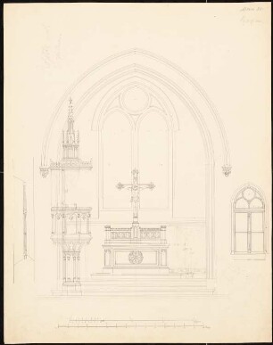 Evangelische Kirche, Modlau Wiederaufbau: Aufriss Ansicht Altar, Kanzel, Chor, Fenster, Detail Schnitt, Maßstabsleisten (Meter und Fuß)