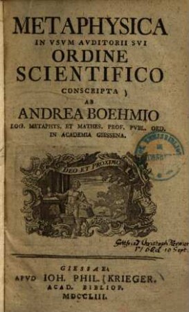 Metaphysica In Vsvm Avditorii Svi Ordine Scientifico Conscripta
