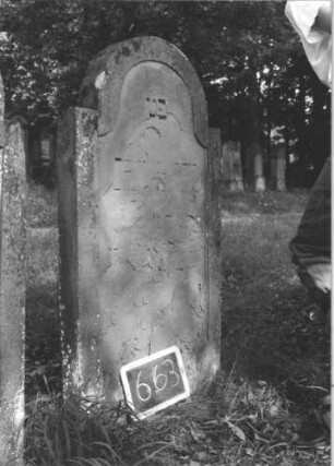 Grabstein 663 (Index: 99895222) Material: Sandstein Zustand: abgeblättert und verwittert Maße HxBxT: 127x64x9 cm Beschreibung: Stele mit eingezogenem Rundbogenabschluss: Grabstein 663