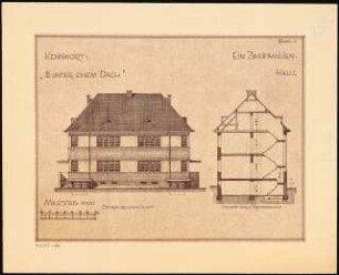 Zweifamilienhaus Monatskonkurrenz Februar 1930: Aufriss Straßenansicht, Querschnitt 1:100; Maßstabsleiste