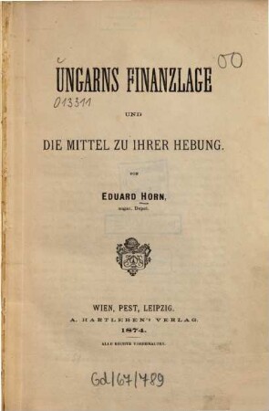 Ungarns Finanzlage und die Mittel zu ihrer Hebung