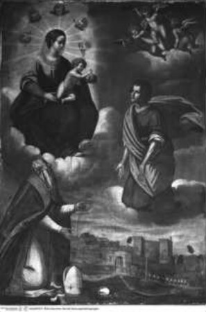 Die heiligen Nikolaus und Tryphon bitten die Madonne um Schutz vor einer Heuschreckenplage