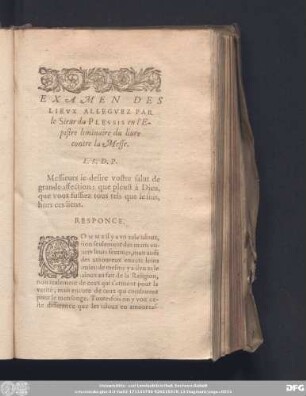 [Responce à l'Epistre du livre du Sr. du Plessis.]
