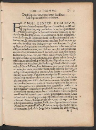 De disciplinarum, virtutumque laudibus. Liber primus foeliciter Incipit.