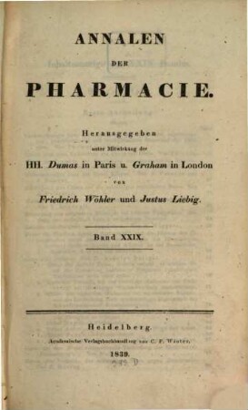 Annalen der Pharmacie, 29. 1839