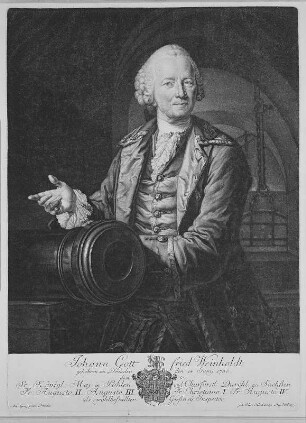 Bildnis Johann Gottfried Weinholdt (1700-1776; Erzgießer, Gießereiinspektor). Kupferstich von J. E. Haid nach Anton Graff, bezeichnet 1770; 425 x 340 mm. Dresden: Kupferstich-Kabinett A 143797 in Sax, Bildn. Singer 94434