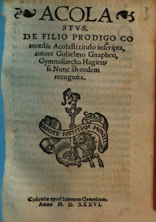 Acolastvs : De Filio Prodigo Comoedia Acolasti titulo inscripta