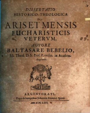 Diss. hist. theol. de aris et mensis eucharisticis veterum