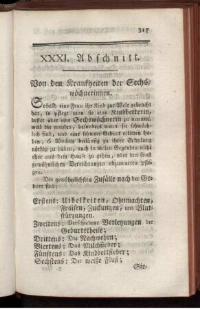 XXXI. Abschnitt. Von den Krankheiten der Sechswöchnerinnen.