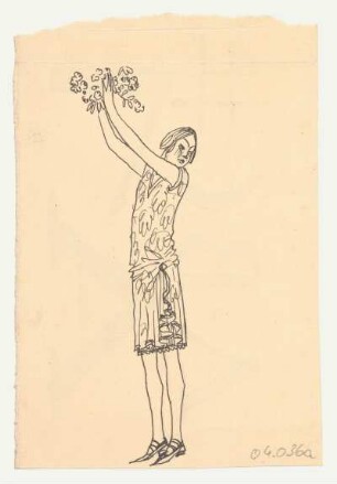 Weibliche Figur im Sommerkleid : Oberteil bis zu den Hüften geführt, Faltenrock mit Volant an der Seite