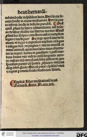 Explicit Liber meditationum beati Bernardi anno M cccc xcii.
