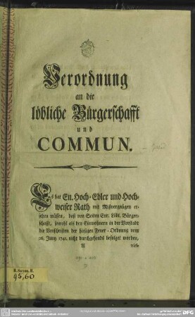 Verordnung an die löbliche Bürgerschafft und Commun