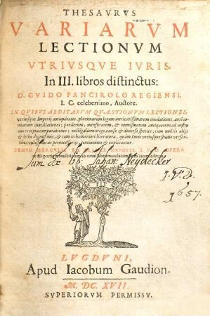 Thesavrvs Variarvm Lectionvm Vtrivsqve Ivris : in III libros distinctus