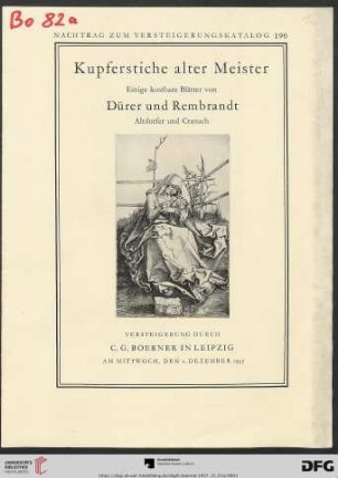 Kupferstiche alter Meister : einige kostbare Blätter von Dürer und Rembrandt, Altdorfer und Cranach; Versteigerung am Mittwoch, den 1. Dezember 1937