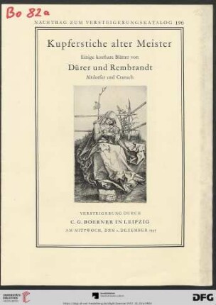 Kupferstiche alter Meister : einige kostbare Blätter von Dürer und Rembrandt, Altdorfer und Cranach; Versteigerung am Mittwoch, den 1. Dezember 1937