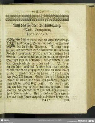Auff das Fest der Verkündigung Mariä. Evangelium, Luc. I. v. 26.-38.