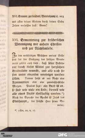 XVI. Ermunterung zur brüderlichen Vereinigung mit andern Christen und zur Nächstenliebe.