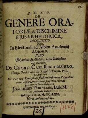 De Genere Oratoriae, & Discrimine Eius a Rhetorica, Disquisitio