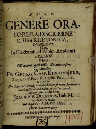 De Genere Oratoriae, & Discrimine Eius a Rhetorica, Disquisitio