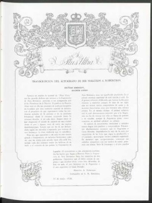 Transcripción del autógrafo de Sir Malcolm A. Robertson