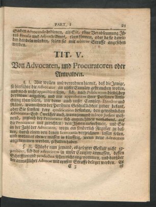 Tit. V. Von Advocaten, und Procuratoren oder Anwalden.