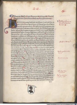 De triplici vita : mit Widmungsvorreden des Autors an Lorenzo de'Medici und Lib. 1 an Georgius Antonius Vespuccius und Johannes Baptista Boninsegnius, Lib. 2 an Philippus Valor und Lib. 3 an Matthias Corvinus, König von Ungarn, 10.7.1489. Mit einer Apologie des Autors für die Magie an Petrus Nerus, Petrus Guicciardinus und Petrus Soderinus, Careggi 15.9.1489, und mit Brief an Bernardus Canisianus, Johannes Canaccius und Amerigus Corsinus, Careggi 16.9.1489. Mit Gedicht auf das Werk von Amerigus Corsinus