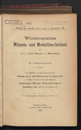 Würzburgisches Münzen- und Medaillen-Cabinet des Herren Carl Roeder in Würzburg ...