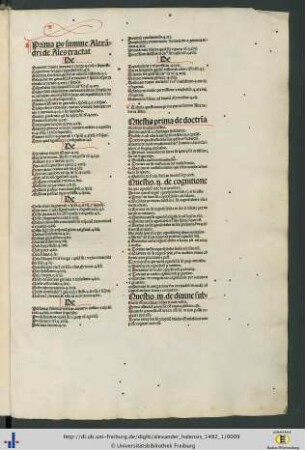 Tabula prima partis summe Alexandri de Ales.