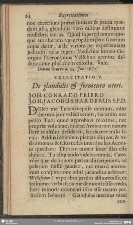 Exercitatio V. De glandulis & fermento uteri. Joh. Conrado Peiero Joh. Jacobus Harderus S. P. D.