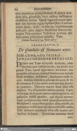 Exercitatio V. De glandulis & fermento uteri. Joh. Conrado Peiero Joh. Jacobus Harderus S. P. D.