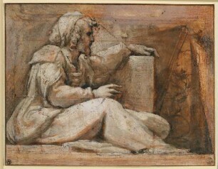 Sitzender Prophet mit Buch nach rechts