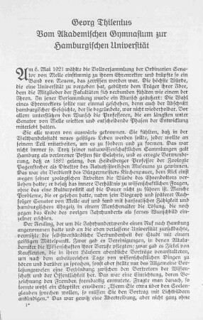 Georg Thilenius. Vom Akademischen Gymnasium zur Hamburgischen Universität