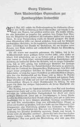 Georg Thilenius. Vom Akademischen Gymnasium zur Hamburgischen Universität