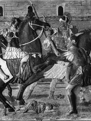 Mantegna-Truhe : Mantegna-Truhe. Holz, geschnitzt, bemalt (1477; Umkreis A. Mantegna) Detail mit Reiter. Klagenfurt: Landesmuseum für Kärnten