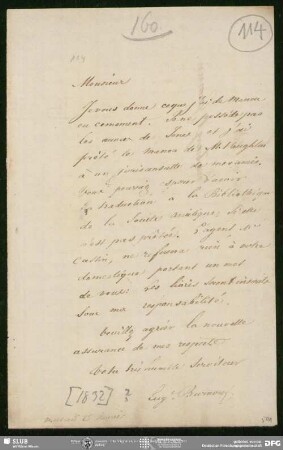 Eigenh. Brief von Eugène Burnouf an August Wilhelm von Schlegel, Paris, 25.01.1900