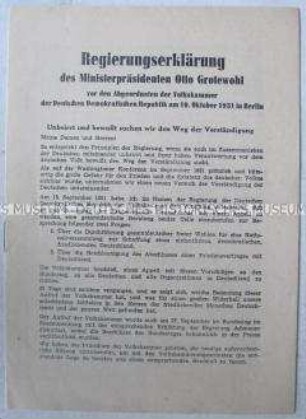 Sonderdruck mit Erklärung Grotewohls und Appell der Volkskammer über gesamtdeutsche Beratungen und Wahlen