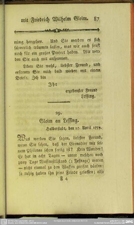 29. Gleim an Lessing. Halberstadt, den 15. April 1759