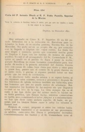 Núm. 134. Carta del P. Antonio Obach al R. P. Pablo Pastells, Superior de la Misión