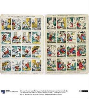 Njeuwe Hollandsche Kinderprenten. Vorderseite: De Geschiedenis van de Kat en de Musschen. Rückseite: Geschiedenes van Netje de Kwade Tooverheks.