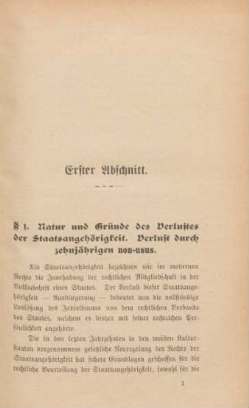 Erster Abschnitt. §1. Natur und Gründe des Verlustes der Staatsangehörigkeit. Verlust durch zehnjährigen non-usus