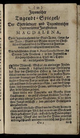 Japonischer Tugendt-Spiegel, Der Ehrwürdiger und Tugendreicher Gott verlobter Jungfrawen Magdalena [...]