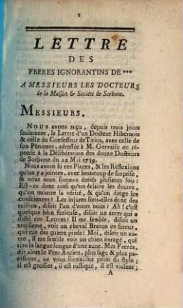 Lettre Des Freres Ignorantins De *** A Messieurs Les Docteurs de la Maison & Société de Sorbone
