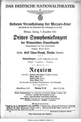 Siebente Veranstaltung der Mozart-Feier [...] Drittes Symphoniekonzert