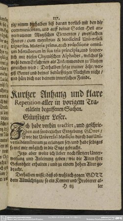 Kurtzer Anhang und klare Repitation aller in vorigem Tractätlein begriffenen Sachen. Günstiger Leser